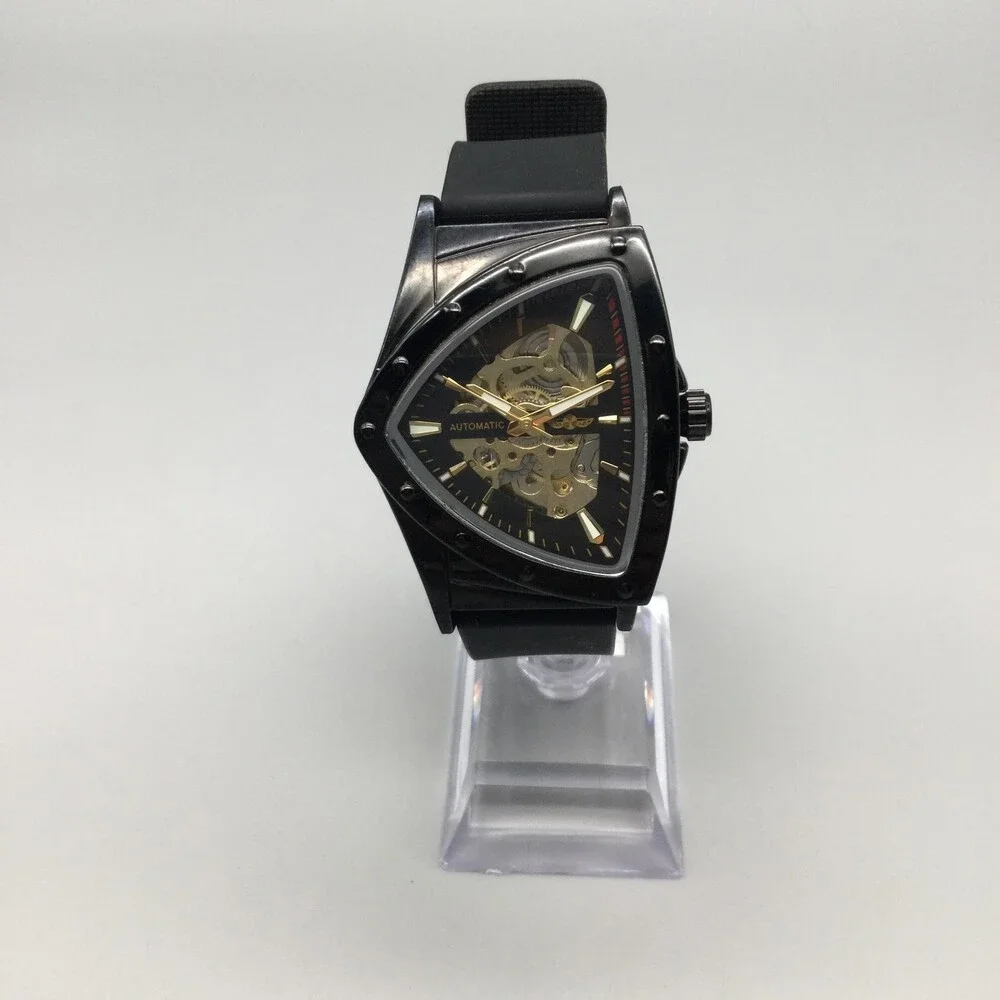 Winner Mens Watch 37mm Black Gold Skeleton Dial Automatic Triangle Case